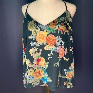 Socialite -women's L, racerback, spaghetti strap tank, fully lined, sheer floral